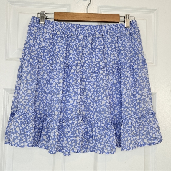 3/$25 Sienna Sky Blue Floral Tiered Ruffle Mini Skirt Cottagecore Boho L - Picture 3 of 5